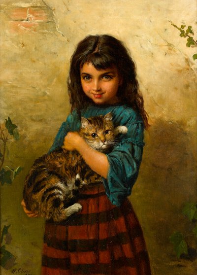 Full of Mischief, A Girl with her Cat by William Oliver